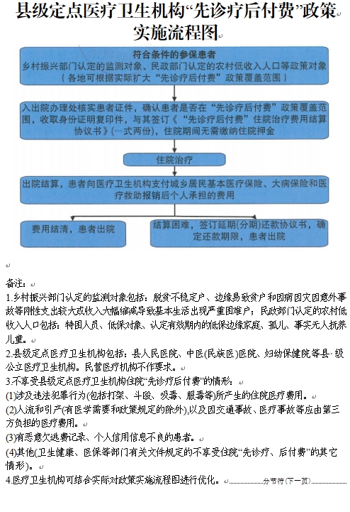 县级定点医疗卫生机构“先诊疗后付费”政策 实施流程图